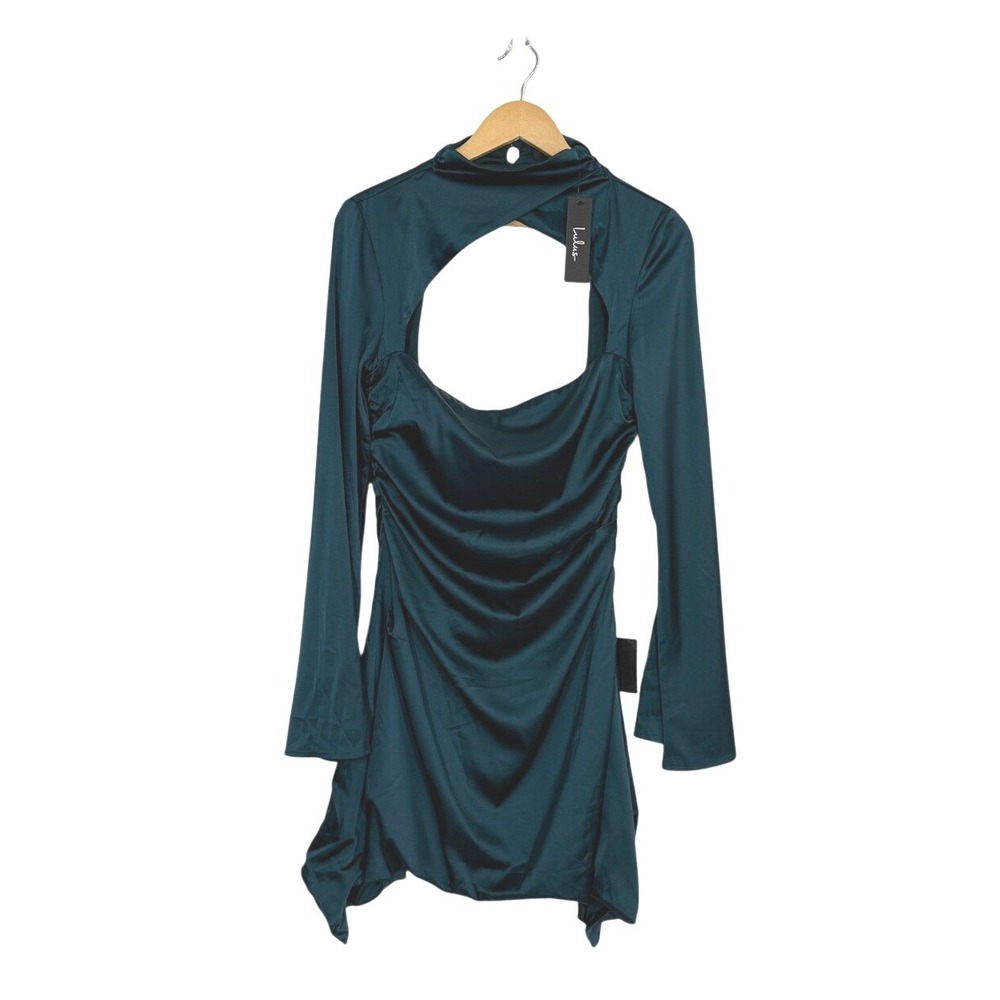 Lulus Sultry Elevation Dark Teal Satin Mini Dress Size M Long Sleeve Cutout Neck